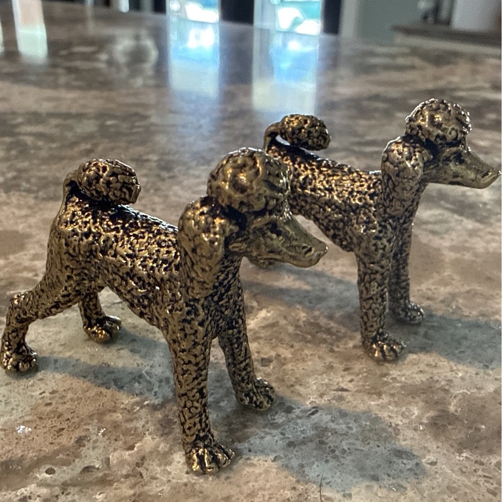 2 pcs Set Brass Poodle Dog Figurine, Miniature Antique Style Statue, Desk Decor